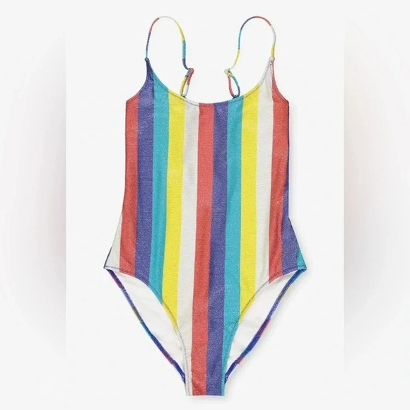 Benetton One-Piece Printed Swimsuit with Lurex Multi Color Stripes Swimwear - Picture 3 of 11